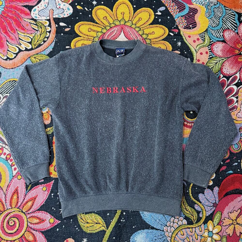 Vintage 90s Y2k Gray Embroidered Nebraska Ribbed Crew Neck Pullover Sweatshirt L